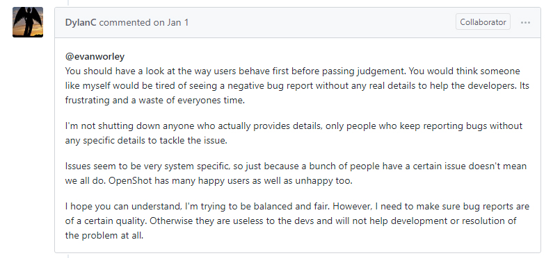OpenShot GitHub community, Dylan's douchebaggery 1