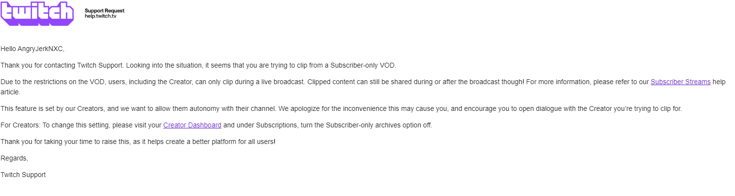Twitch Support's personalized reply