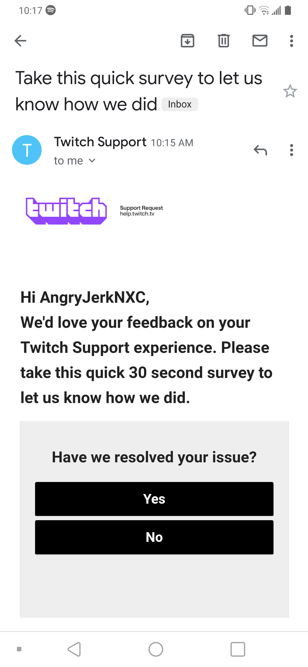 Twitch Survey invite.