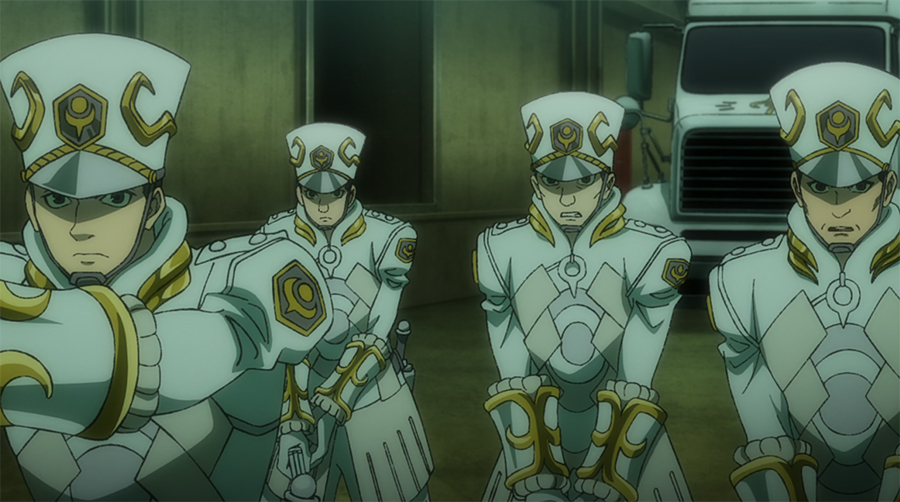 Apostles from Gachiakuta in white uniforms confronting an enemy in a dark industrial setting