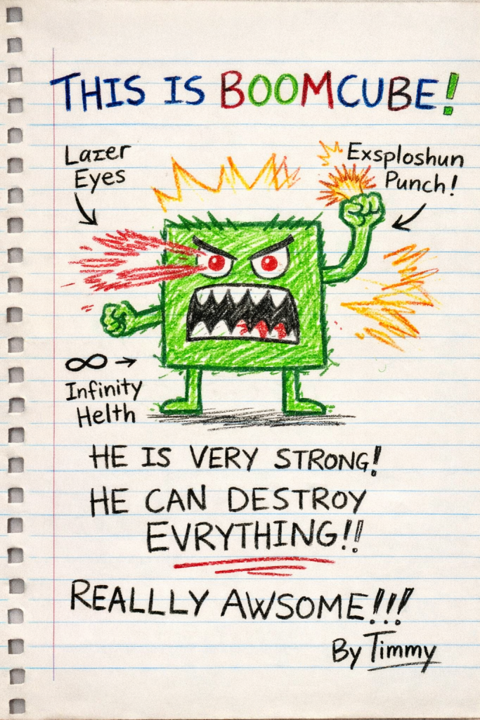 Childlike crayon drawing of BoomCube, a bright green square monster with red eyes, jagged teeth, and stick limbs, labeled with powers like “Lazer Eyes,” “Exploshun Punch,” and “Infinity Helth,” along with claims that he is very strong and can destroy everything.