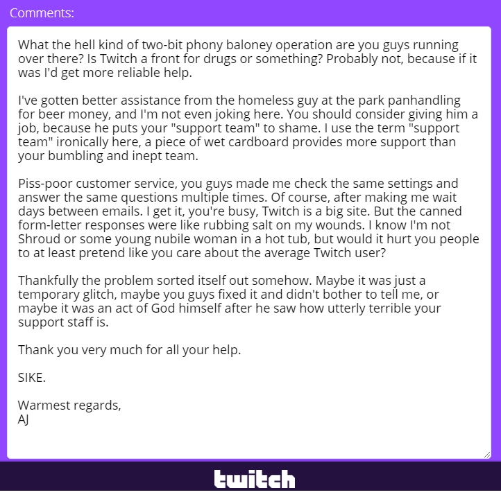My reply to Twitch's survey
