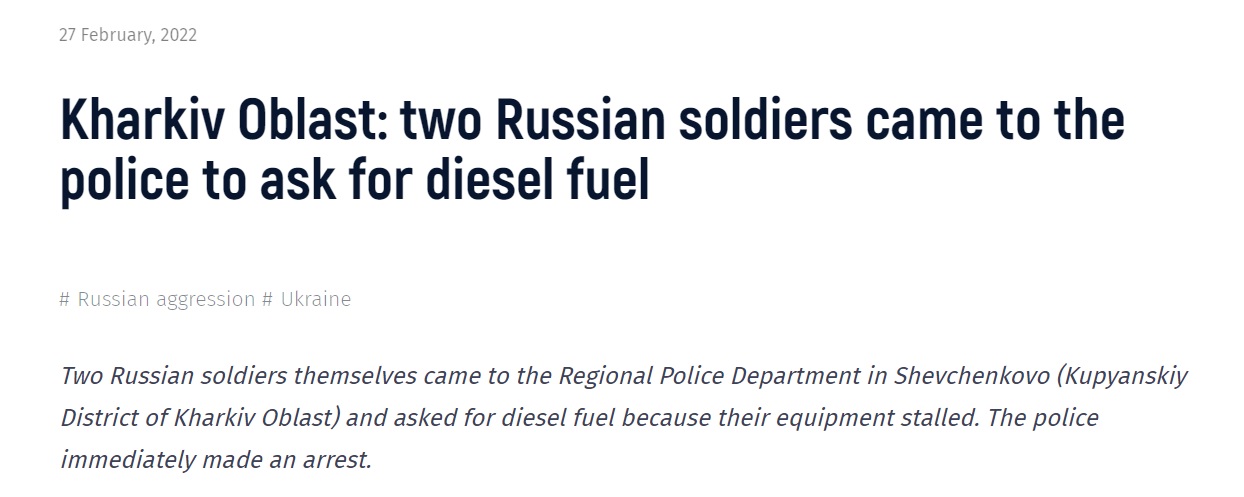 Russian soldiers ask Ukrainian police for gas money.